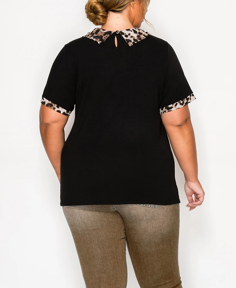 Coin 1804 Plus Leopard Print Mesh Collar Keyhole Back Short Sleeve Top