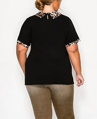 Coin 1804 Plus Leopard Print Mesh Collar Keyhole Back Short Sleeve Top