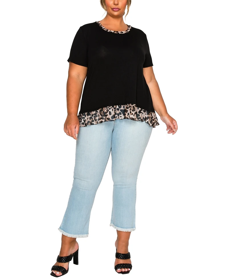 Coin 1804 Plus Leopard Print Mesh Pleat Back Short Sleeve Top
