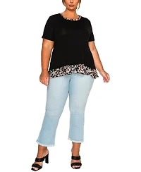 Coin 1804 Plus Leopard Print Mesh Pleat Back Short Sleeve Top