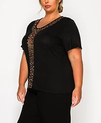Coin 1804 Plus Pebble Mesh Inset Short Sleeve Top