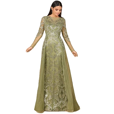 Lara Women's Long Sleeve Gown with Overskirt & High Neck