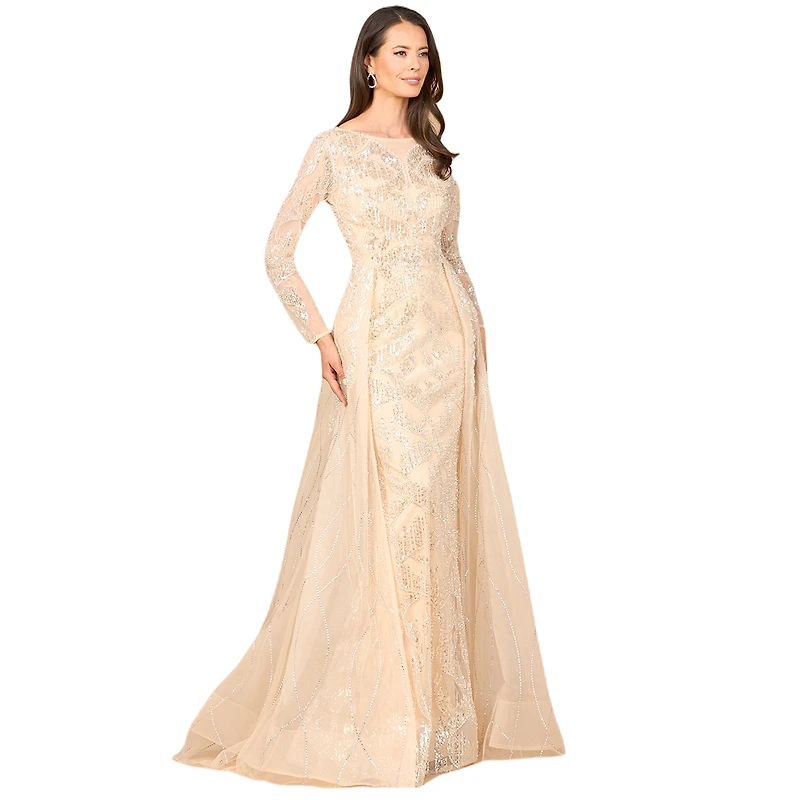 Lara Women's Long Sleeve Gown with Overskirt & High Neck