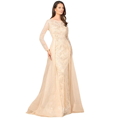 Lara Women's Long Sleeve Gown with Overskirt & High Neck