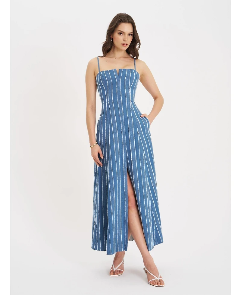 Miss Circle Women's Abygail Stripe Cotton Denim Maxi Dress
