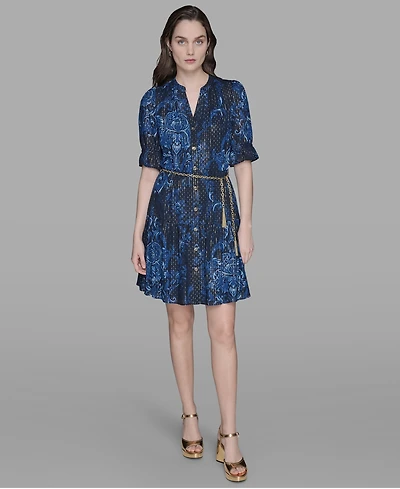 Karl Lagerfeld Paris Petite Printed Belted Fit & Flare Dress