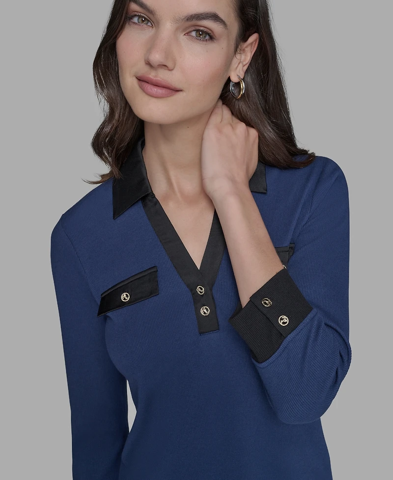 Karl Lagerfeld Paris Petite Collared V-Neck Rib-Knit Top