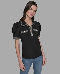 Karl Lagerfeld Paris Petite Tweed-Trim Knit Top