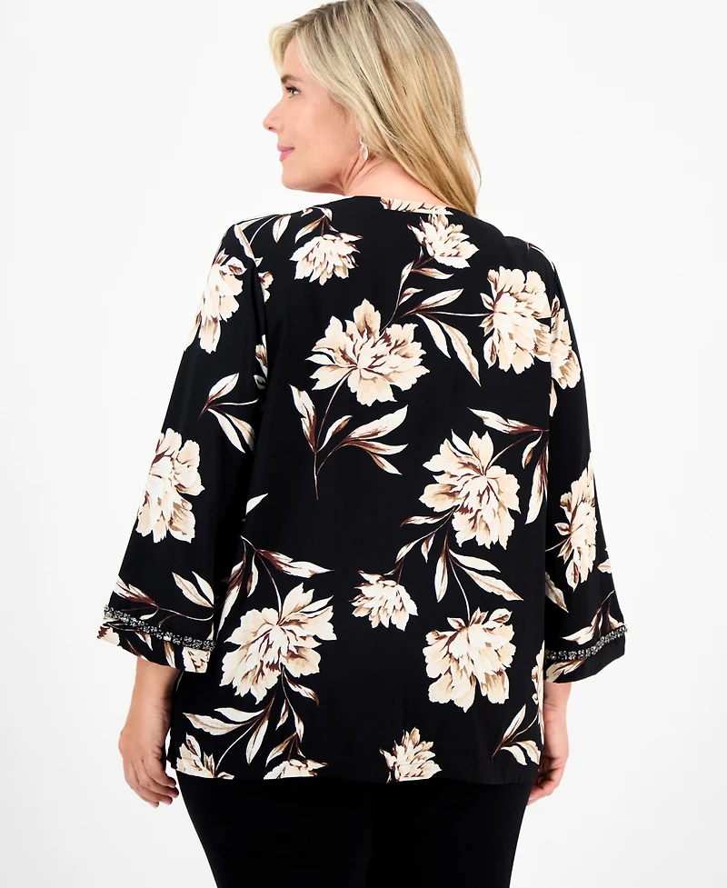 Jm Collection Plus Size Beaded-Trim Floral 3/4-Sleeve Top, Macy's Exclusive