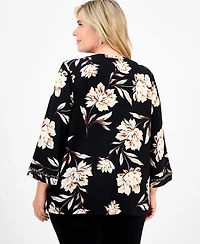 Jm Collection Plus Size Beaded-Trim Floral 3/4-Sleeve Top, Macy's Exclusive