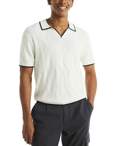 Nautica Men's Short Sleeve Textured Argyle Polo Sweater