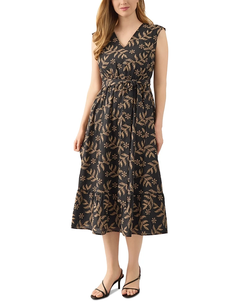 Kasper Women's Printed Leaf-Print Cotton Midi Dress