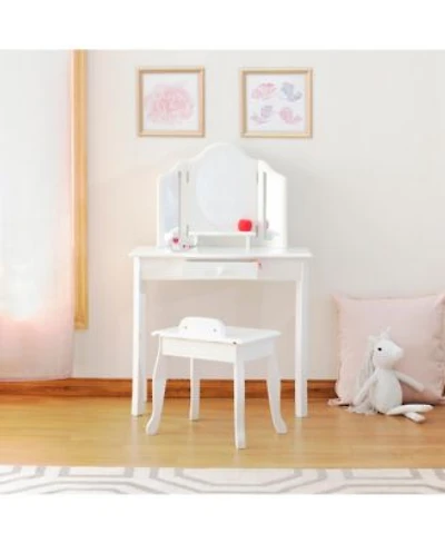 Guidecraft Kids Vanity Stool Set White Little Girls Pretend Play Princess Desk Chair Makeup Mirror With Storage Drawer