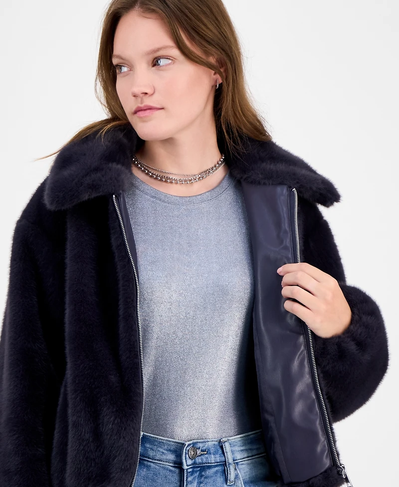 CeCe Women's Collared Faux-Fur Bomber Coat