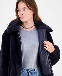 CeCe Women's Collared Faux-Fur Bomber Coat