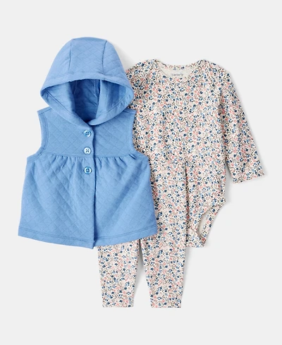 Carter's Baby Girls Hooded Vest, Floral-Print Bodysuit & Pants, 3 Piece Set