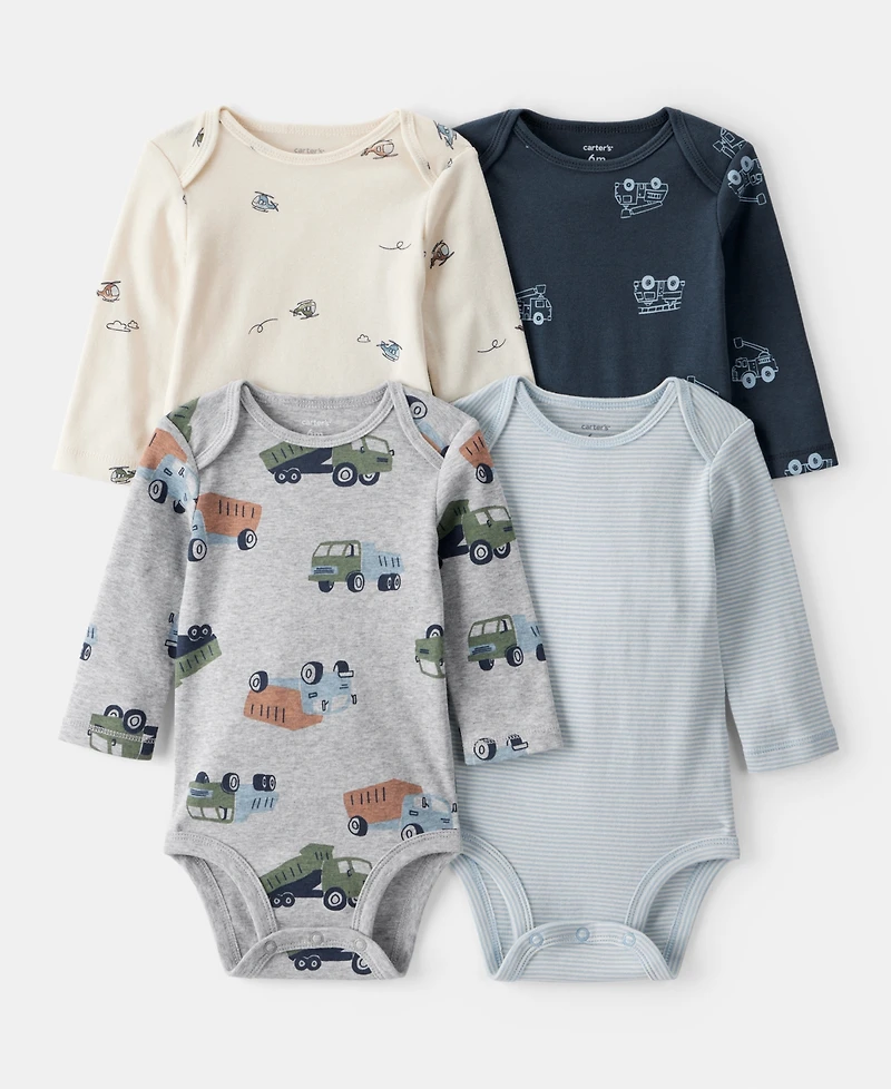 Carter's Baby Boys Construction-Print Long-Sleeve Bodysuits, 4 Pack