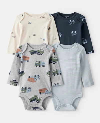 Carter's Baby Boys Construction-Print Long-Sleeve Bodysuits, 4 Pack