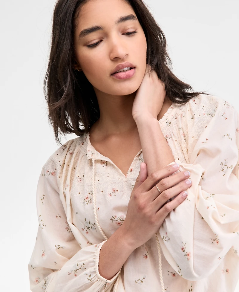 Lucky Brand Women's Embroidered Smocked Peasant Top