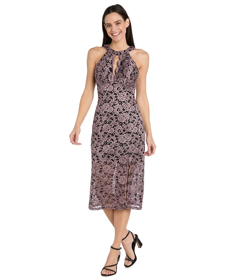 R & M Richards Women's Lace Two-Tone Halter Midi Dress