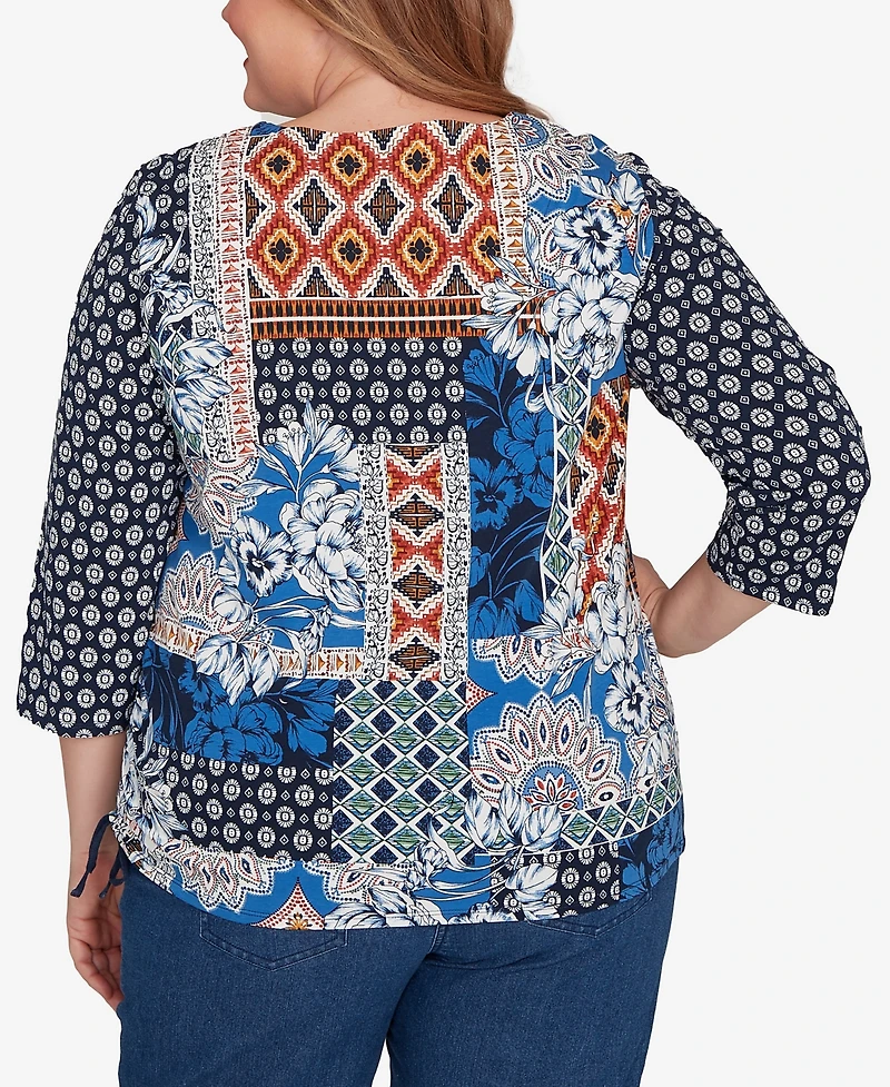 Alfred Dunner Plus Batik Patchwork Drawstring Closure Top