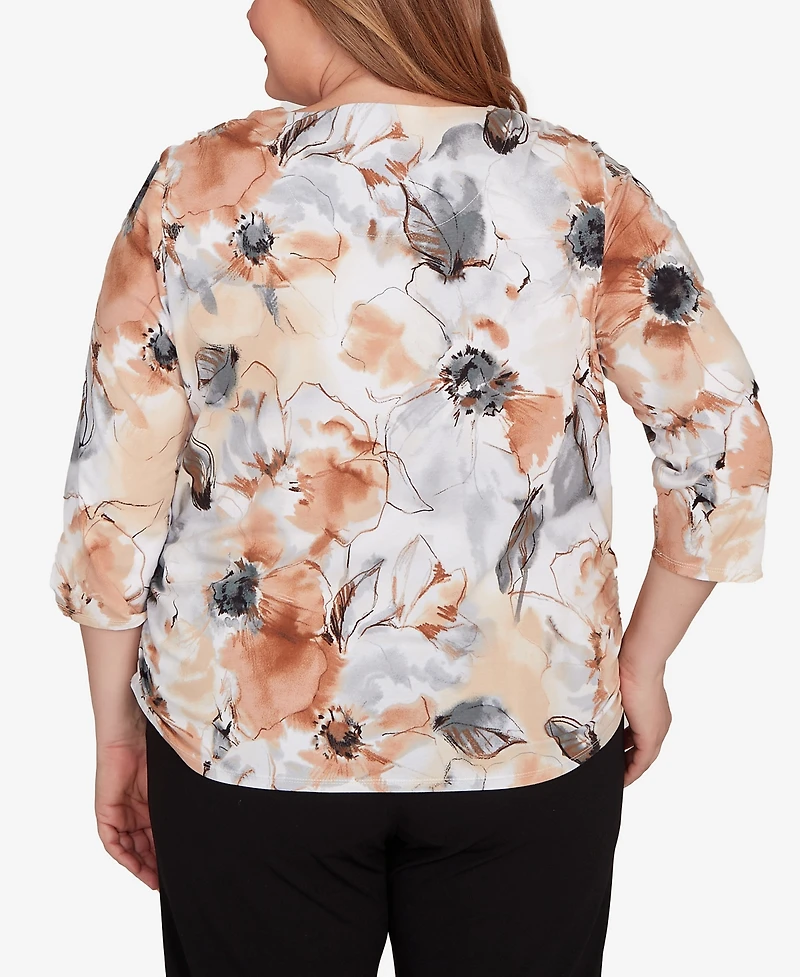 Alfred Dunner Plus Watercolor Floral Gathered Sides Crew Neck Top