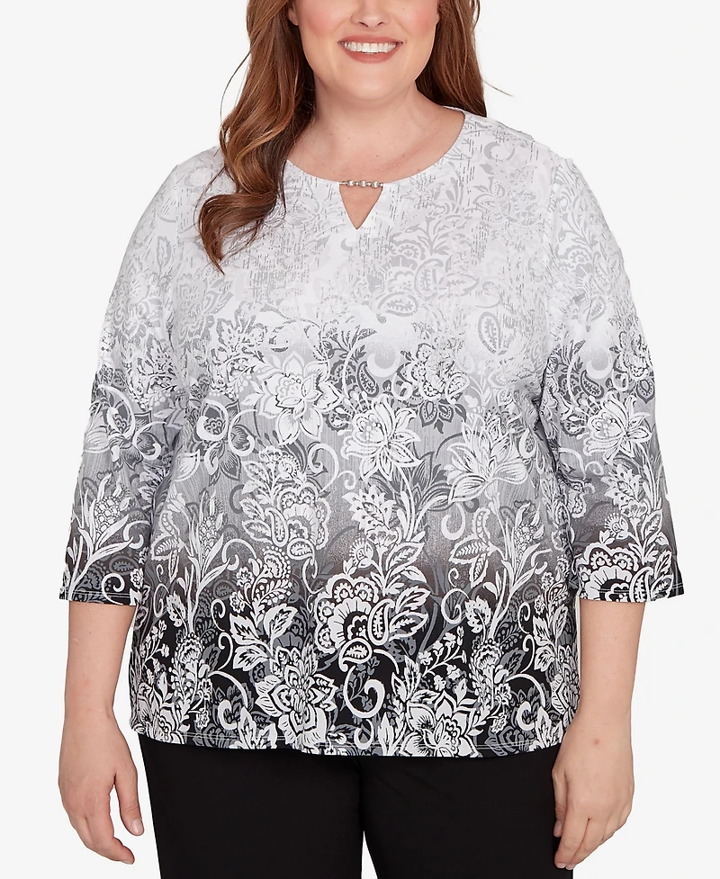 Alfred Dunner Plus Ombre Scroll Split Beaded Neck Top