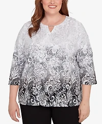 Alfred Dunner Plus Ombre Scroll Split Beaded Neck Top