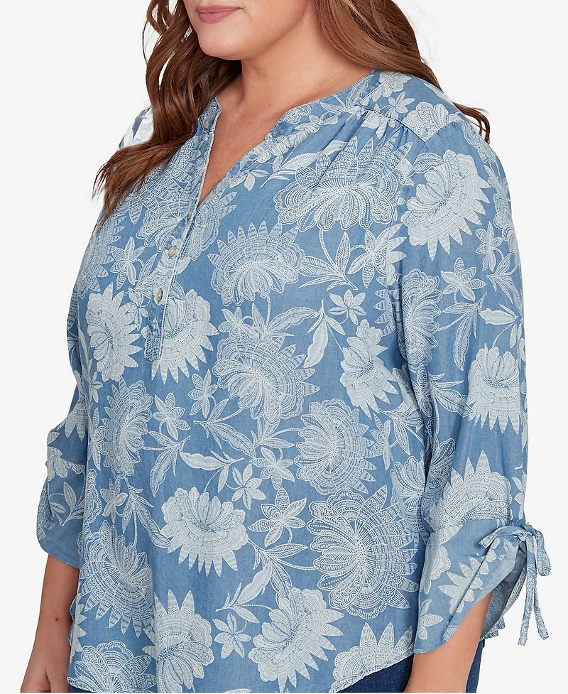 Alfred Dunner Plus Classic Floral Monotone Lyocell Henley Top