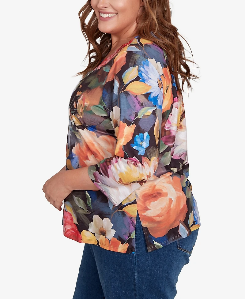 Alfred Dunner Plus Classic Dramatic Floral Lace Neck Top