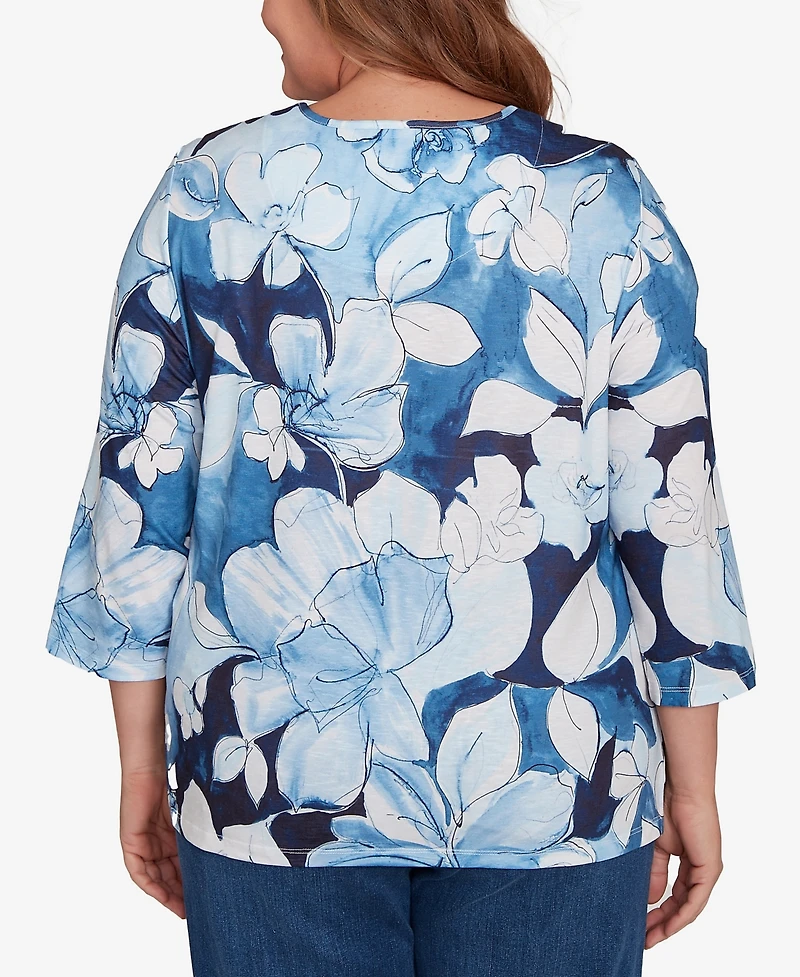 Alfred Dunner Plus Classic Monotone Floral Embellished Top