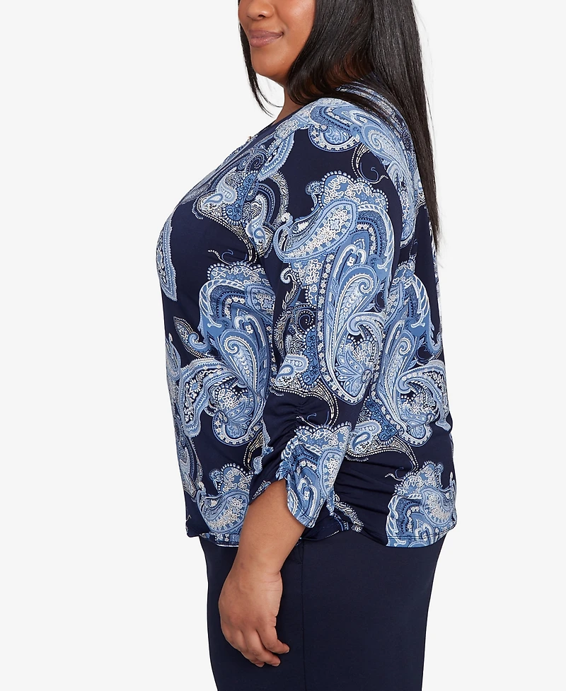 Alfred Dunner Plus Classic Puff Print Paisley Gold Foil Keyholeneck Top
