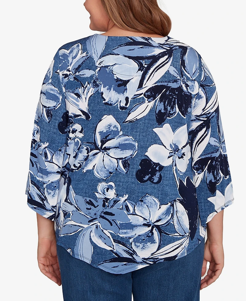 Alfred Dunner Plus Classic Puff Print Denim Floral Top