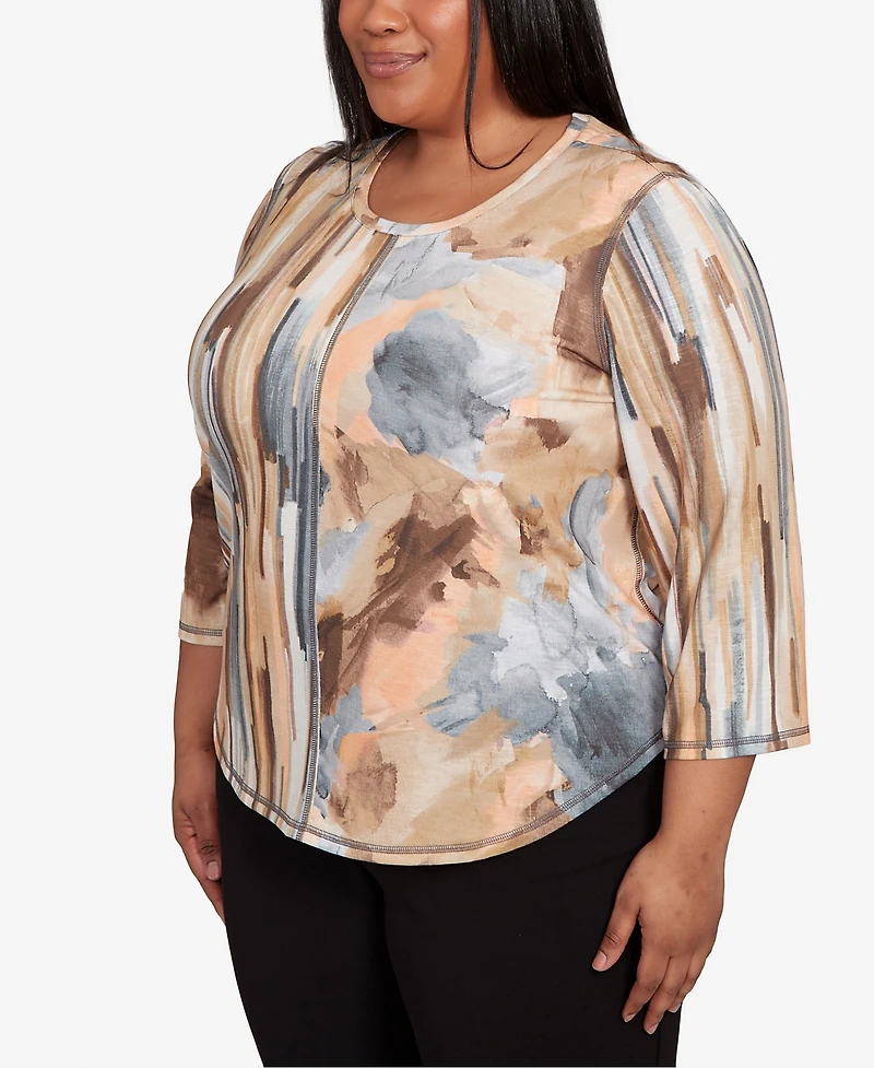Alfred Dunner Plus Classic Spliced Floral Stripe Crew Neck Top