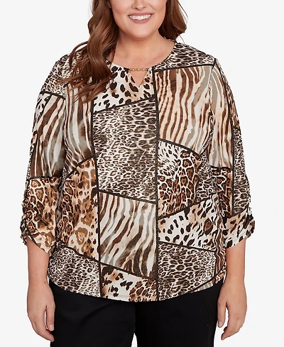 Alfred Dunner Plus Classic Puff Print Animal Colorblock Keyhole Neck Top