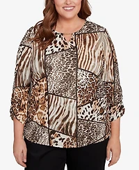 Alfred Dunner Plus Classic Puff Print Animal Colorblock Keyhole Neck Top