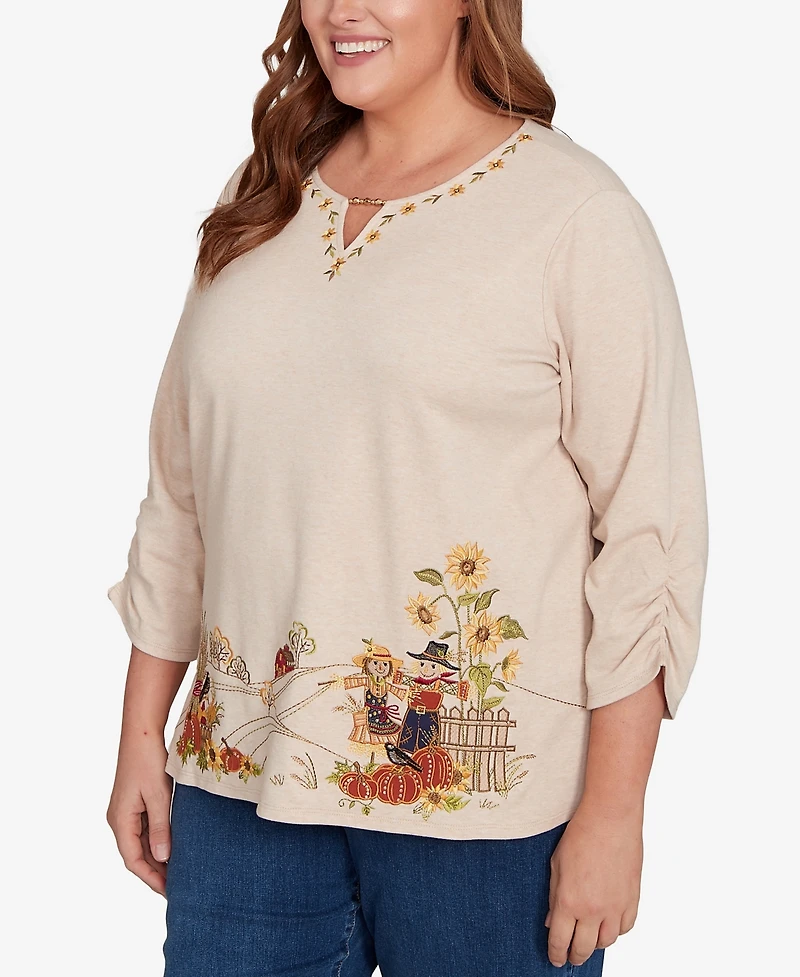 Alfred Dunner Plus Classic Scarecrow Bordered Keyhole Neck Top