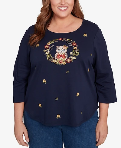 Alfred Dunner Plus Classic Owl Wreath Embroidered Top