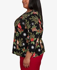 Alfred Dunner Plus Classic Cardinals And Pinecones Embellished Crew Neck Top