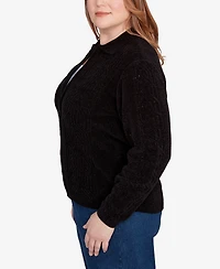 Alfred Dunner Plus Classic Zip-Front Chenille Collared Cardigan Sweater