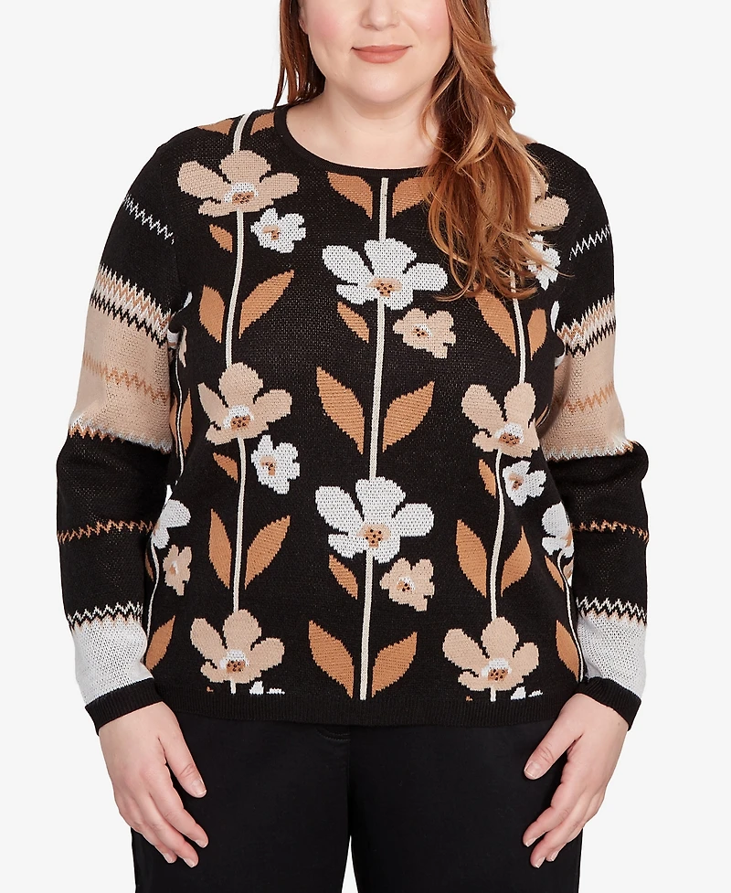 Alfred Dunner Plus Classic Vertical Flower Zig Zag Sweater