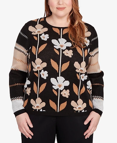 Alfred Dunner Plus Classic Vertical Flower Zig Zag Sweater