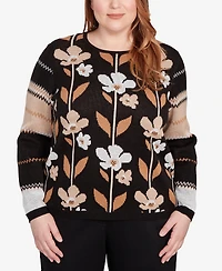 Alfred Dunner Plus Classic Vertical Flower Zig Zag Sweater