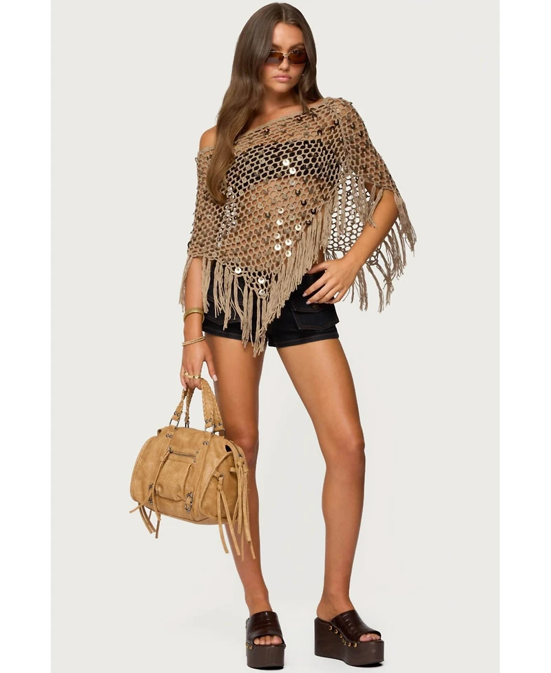 Edikted Women's Fringe Sequin Crochet Poncho