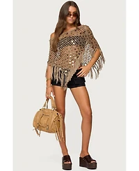 Edikted Women's Fringe Sequin Crochet Poncho