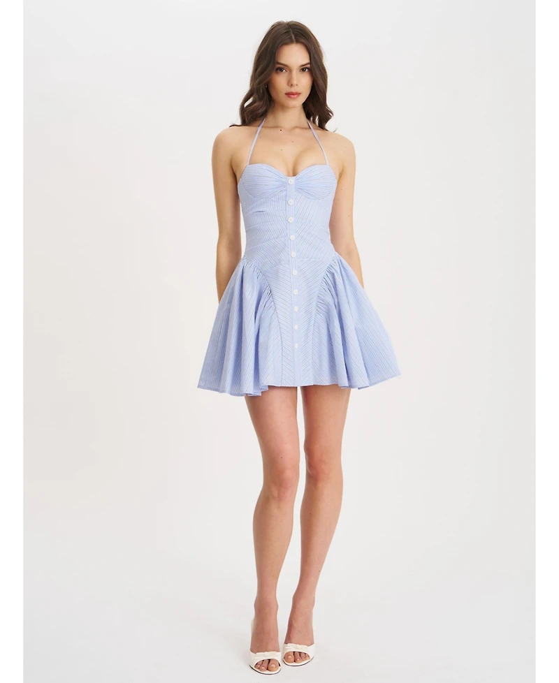 Miss Circle Women's Melody Baby Blue Railroad Stripe Halter Drop Waist Mini Dress