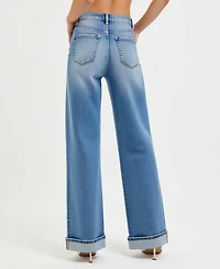 Modenaire Women's Wide-Leg Button-Fly Cuffed Patch Pocket Jeans