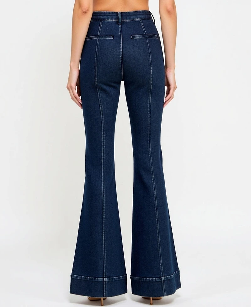 Modenaire Women's High Waist Flare Cuffed Hem Patch Pocket Jeans