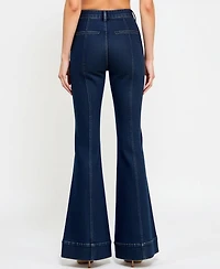 Modenaire Women's High Waist Flare Cuffed Hem Patch Pocket Jeans