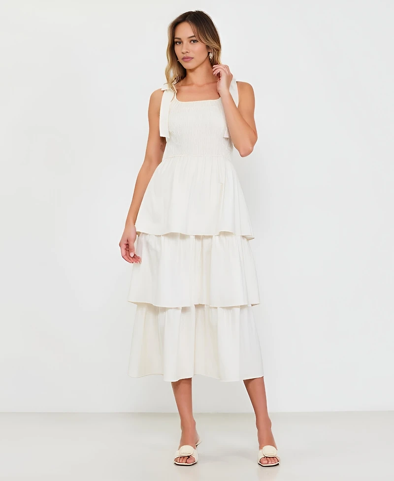 Modenaire Women's Tiered Smocked Bow-Tie Shoulder Midi Dress